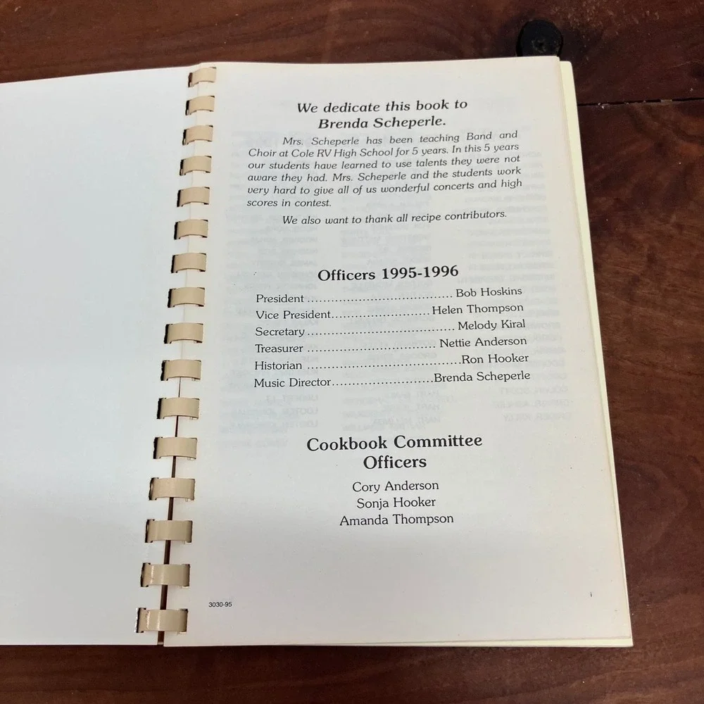 What's Cookin' At Cole RV School 1995-96 Cookbook Music Boosters Spiral Bound